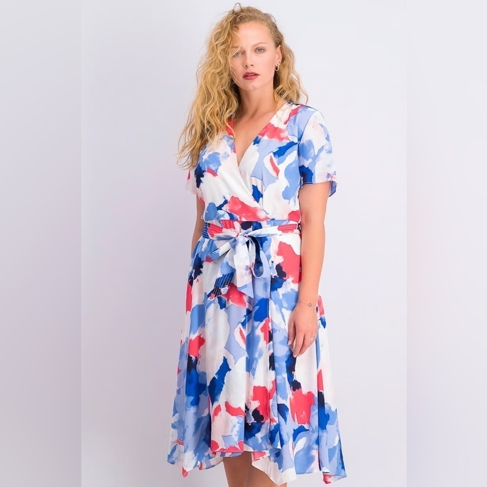 Alfani Wrap Midi Dress 10P Blue Pink Abstract Floral Short Sleeve Belted NWT